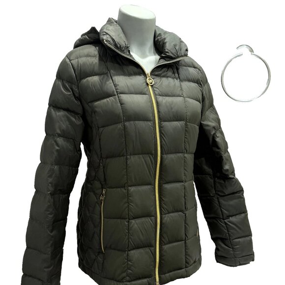 Michael Kors Down Puffer Jacket Packable Quilted Down Khaki Women' Sz Med - Picture 2 of 13